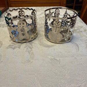 Pair of Slatkin & Co Silver Metal Holiday Candle Sleeves 3-Wick